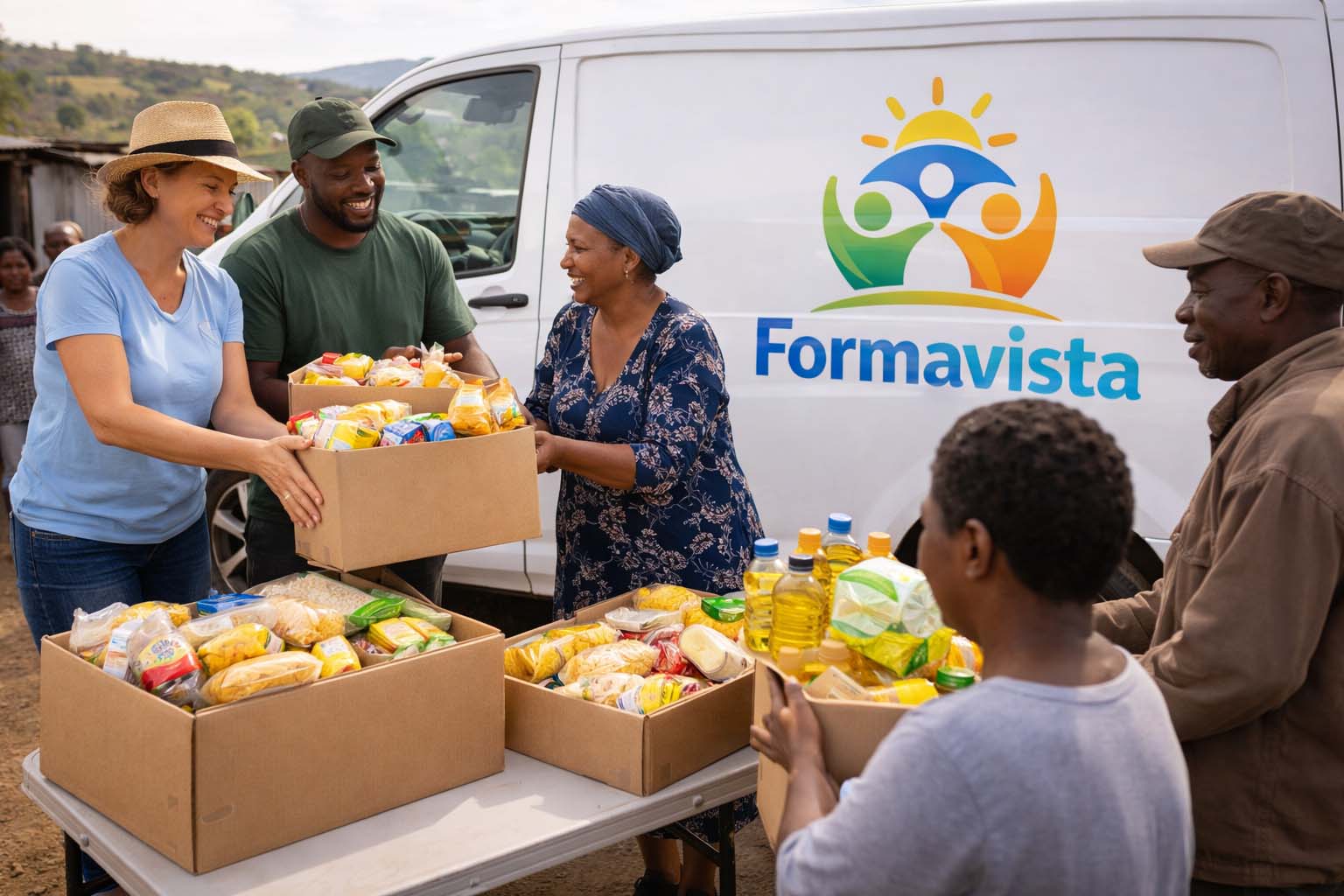 Formavista team distributing donation boxes to community members
